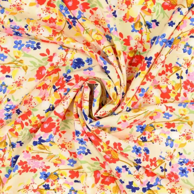 Kostenfreie Lieferung Viskose-Popeline mit buntem Blumenmuster – Ideal für Kleidung!