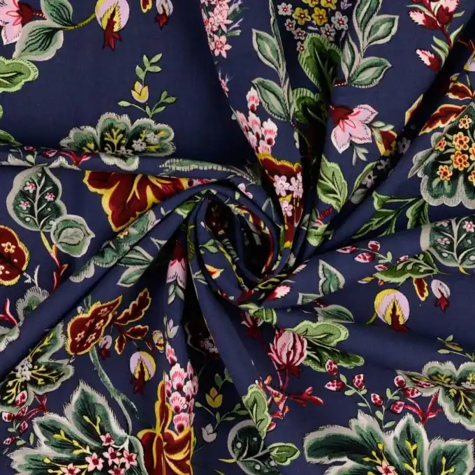 Popeline Viskose Stretch Marineblau Indisches Blumenmuster 144cm Kostenfreie Lieferung