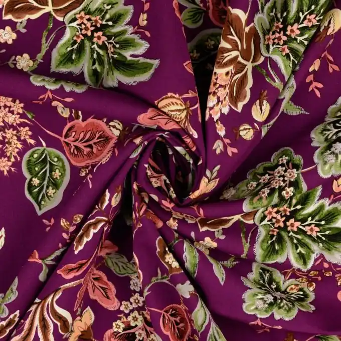 Günstig Popeline Viskose-Stretch Bordeaux Indische Blumen 144cm