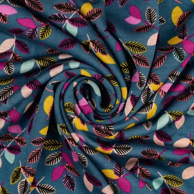 Alpfleece Stoff bedruckt Blätter 155cm Doudou Blau Canard Sonderaktion