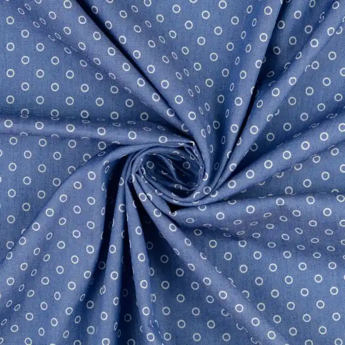 Neuheit Hellblauer Denim-Stoff mit geometrischem Kreisdruck für Jacken, Kleider und Hosen