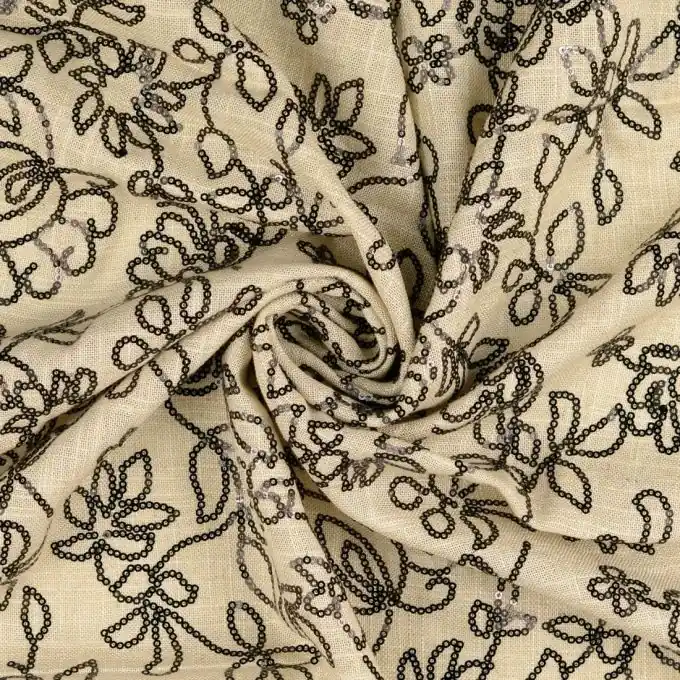 Zertifiziert Stoff Leinen Viskose Blumen Pailletten schwarz ecru