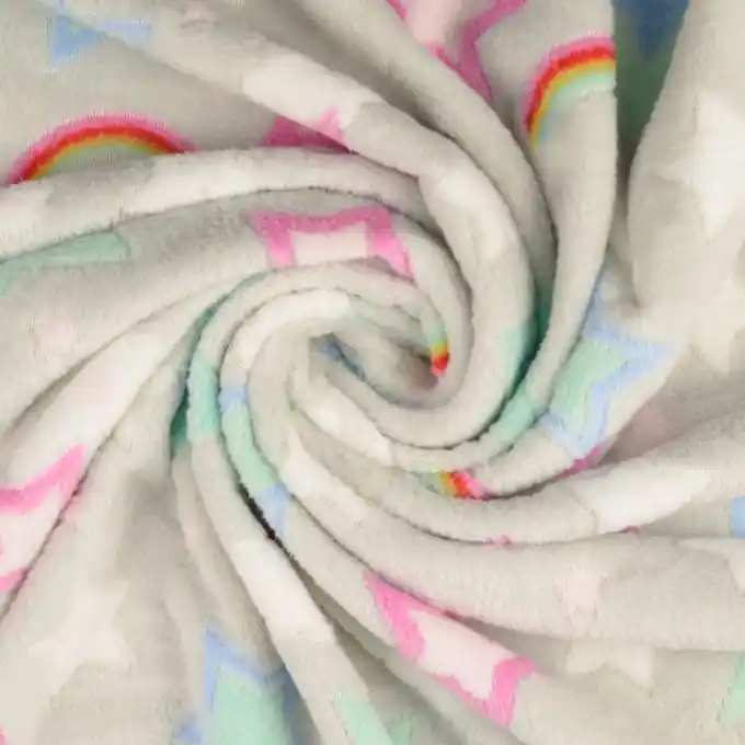 Plüschstoff Sterne Regenbogen hellgrau Saisonangebot
