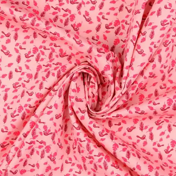Direktkauf Rosa Baumwoll-Popeline mit zartem Vogeldruck – Ideal für Kleidung