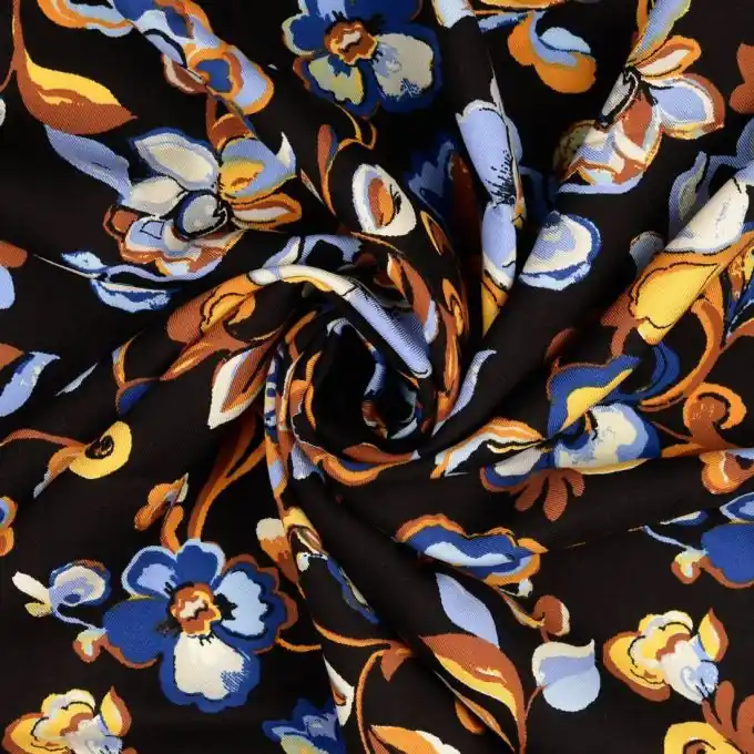 Viskose-Twill-Stoff, Rosen-Arabesken, 141cm, Schwarz-Blau Neu