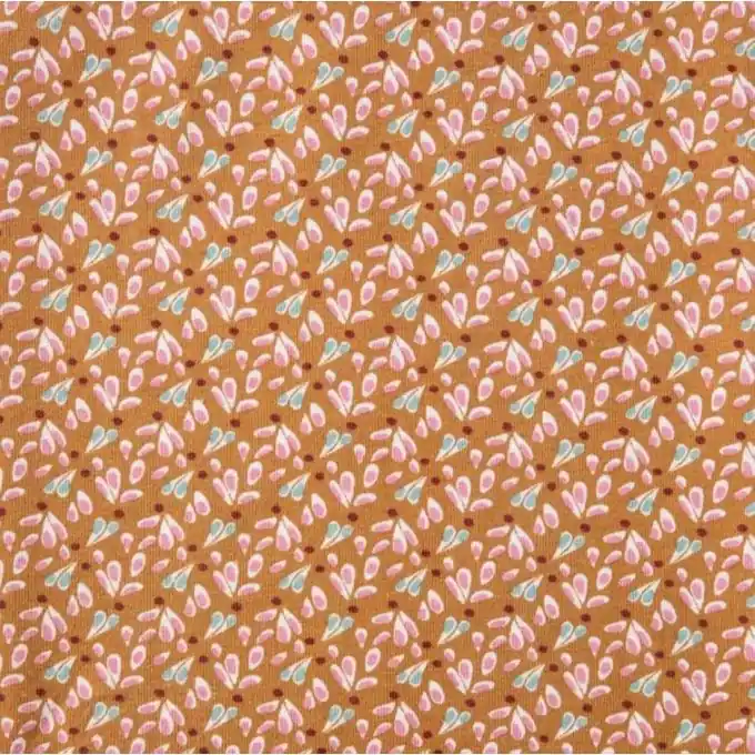 Rabatt Baumwollstoff Ocker mit grün-rosa Blüten – 150 cm Breite