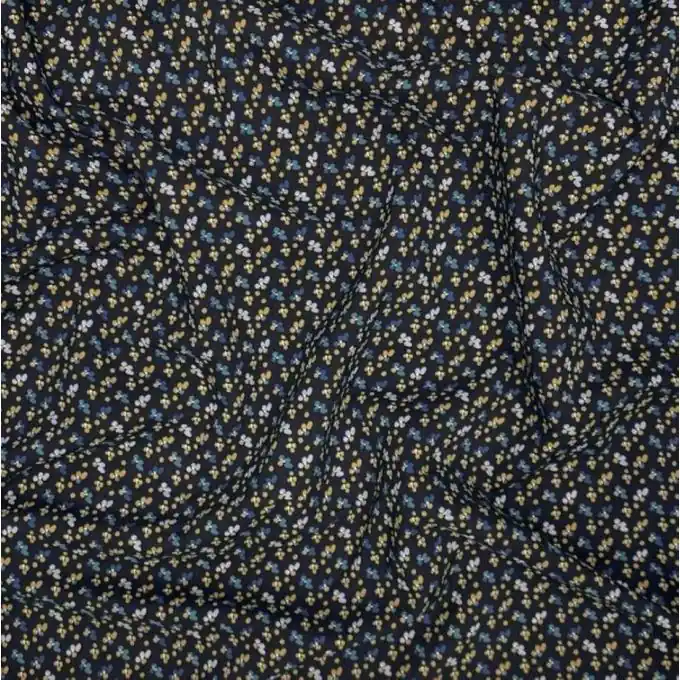 Neue Kollektion Stoff aus schwarzer Viskose-Popeline mit Blumen- und beige gepunkteten Motiven