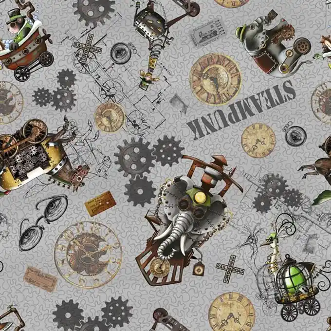 Saisonangebot Steampunk Tiermuster Patchworkstoff Grau – 150cm