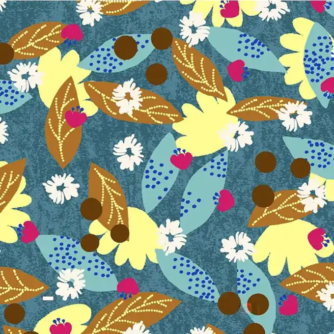 Stoff-Patch blau mit mehrfarbigem Blattmuster Highlight