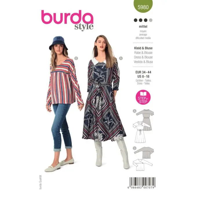 Premium Schnittmuster Burda 5980 klassisches Kleid/Bluse 36 bis 50