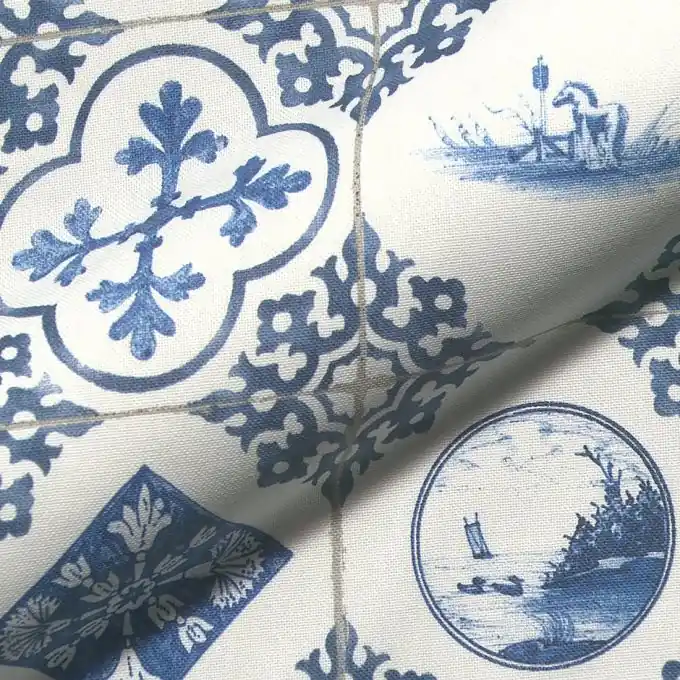 Dekostoff weiß Faïence blau Original