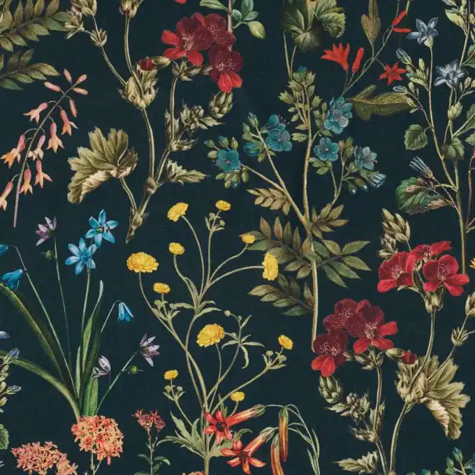 Exklusiv Dekostoff Baumwolle Wildblumen schwarz