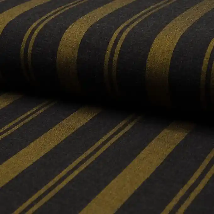 Stoff aus Viskose mit breiten schwarzen und senfgelben Streifen Kostenloser Versand