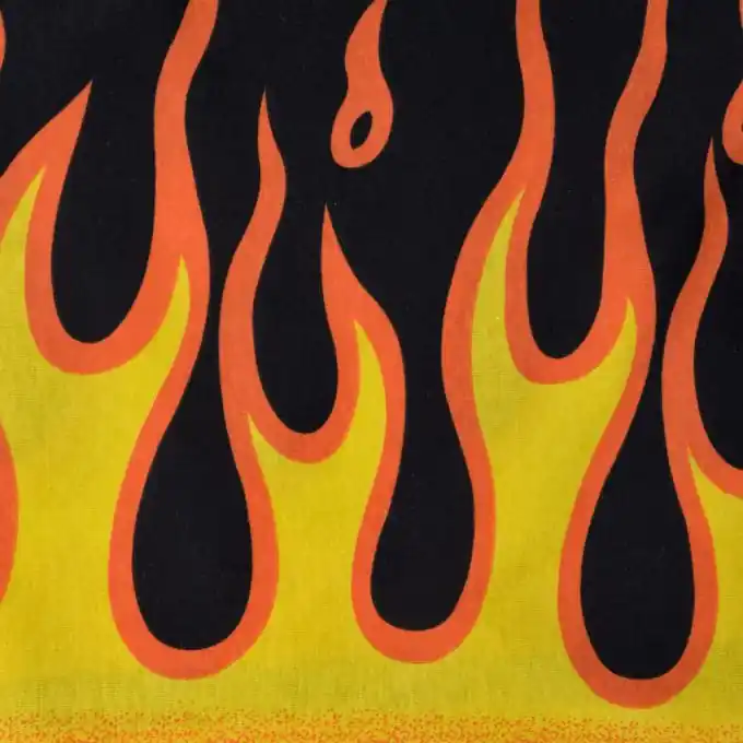 Orangefarbener Viskosestoff mit Flammenmuster, 150 cm Breite Geprüft