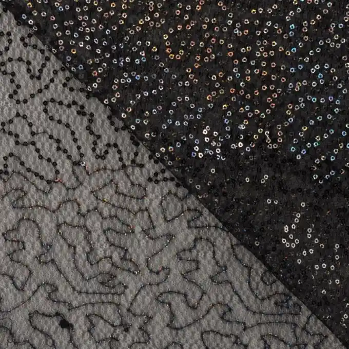 Hochwertig Voile-Stoff Wellen Pailletten Schwarz