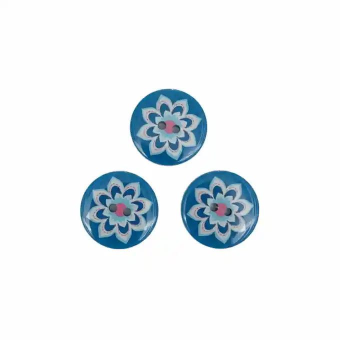 3-Knopf-Set mit 2 Löchern, 25 mm, blau mit Blumenmuster Im Trend