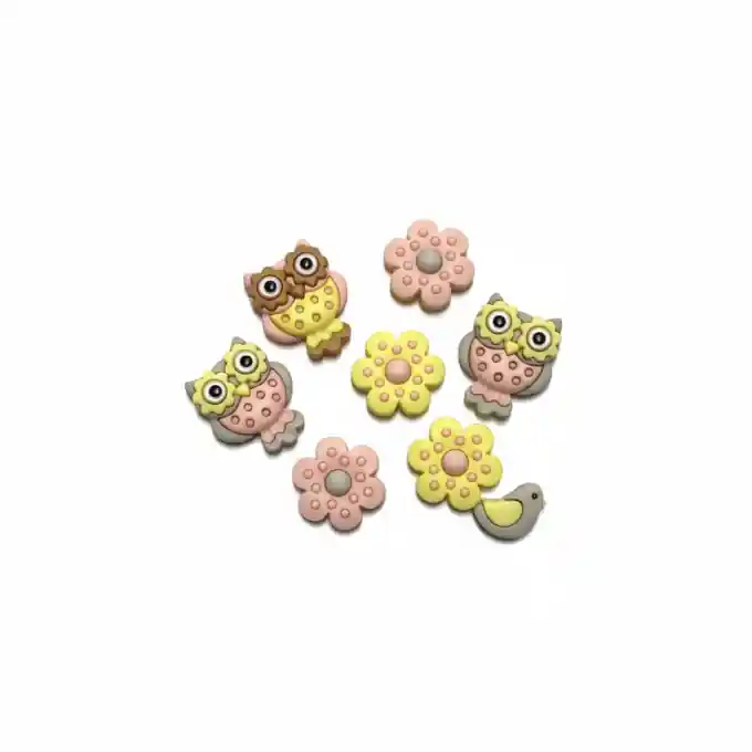 Beutel mit Knöpfen in Fantasie-Eulen- und Blumenmuster in Rosa und Gelb Direkt Vom Hersteller