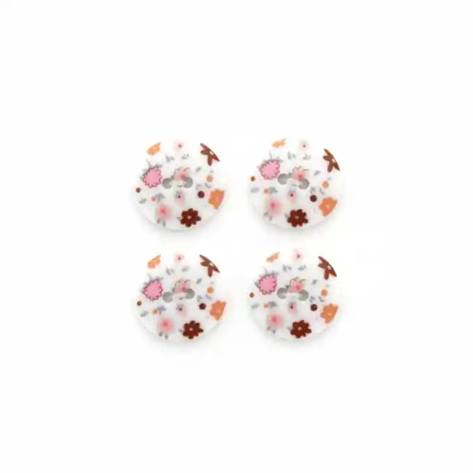 4-Knopf-Set mit 2 Löchern, 18 mm, mehrfarbige Blumen in Weiß und Rosa Preisknaller