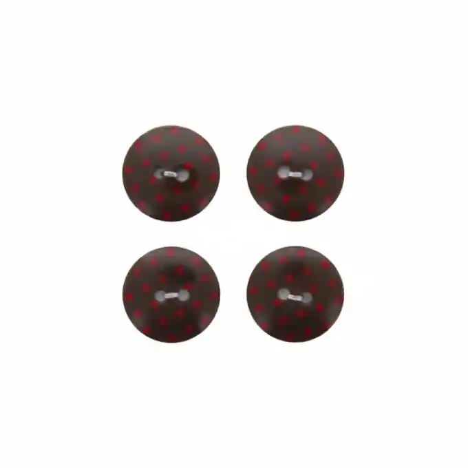 Premium Vier-Knopf-Set in Braun mit 2 Löchern, 14 mm, braunen Punkten auf rotem Hintergrund