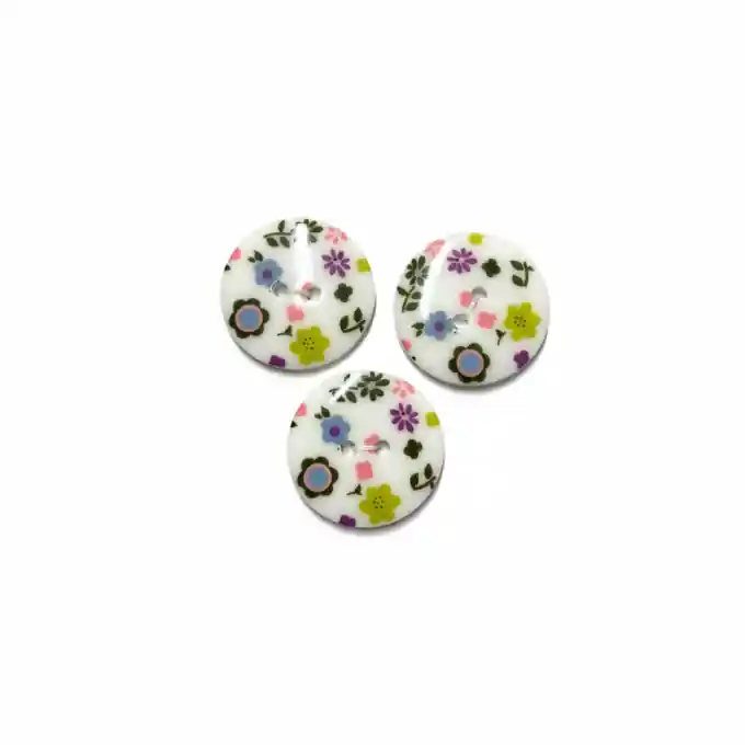 Echt 3-Knopf-Set mit 2 Löchern, 25 mm, mehrfarbige Blumen in Weiß und Lila