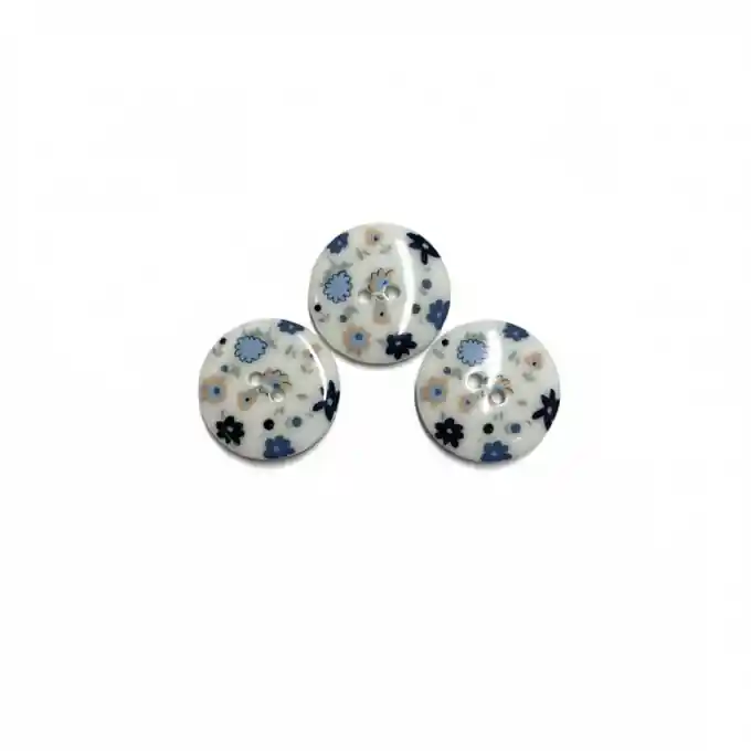 Ausverkauf 3-Knopf-Set mit 2 Löchern, 25 mm, mehrfarbige Blumen in Weiß und Blau