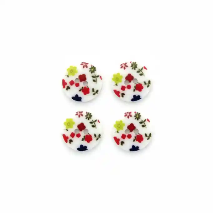 Kostenfreie Lieferung 4 Knöpfe mit 2 Löchern, 14 mm, mehrfarbige Blumen in Weiß und Rot
