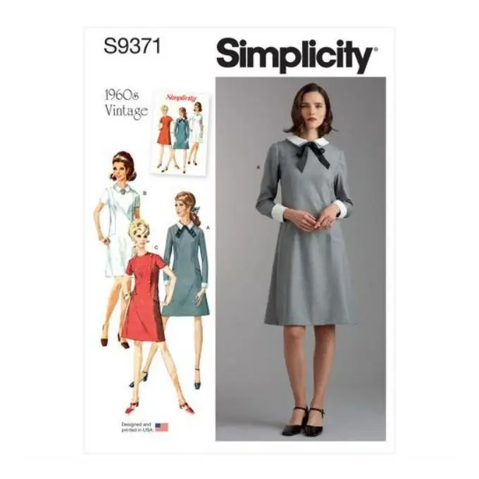 Schnittmuster Simplicity 9371 – Trapezkleid mit verschiedenen Kragen- und Manschettenvarianten 34 bis 42 (FR) Geld-Zurück-Garantie
