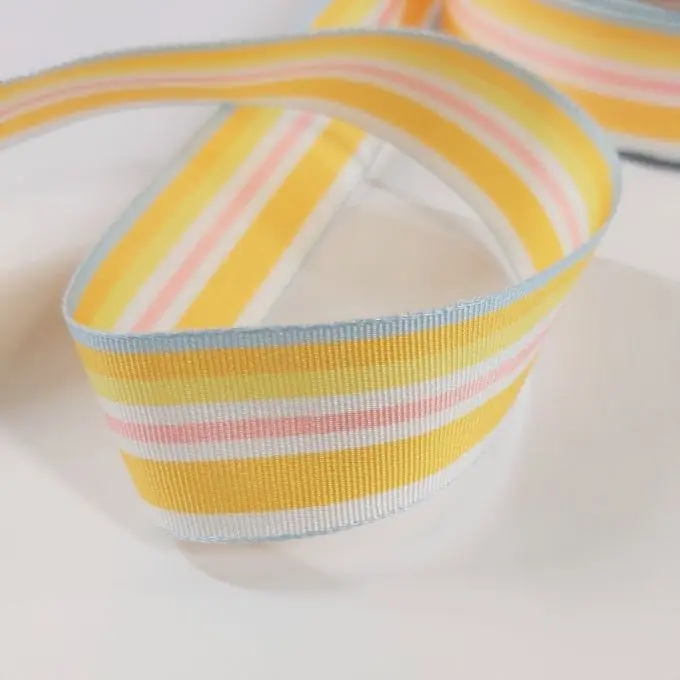 Gestreiftes Satinband in Gelb, Rosa und Blau, 25 mm breit Jetzt Bestellen