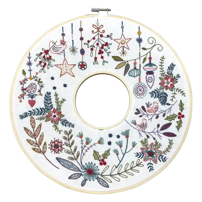 Winterkranz-Set für fortgeschrittene Dekorateure | 30 cm Durchmesser, weißer Stoff, Stickgarne, Oeko-tex-Zertifikat. Heute Kaufen