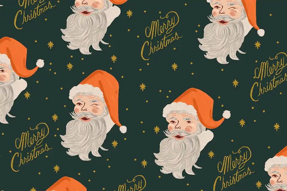 Highlight Cotton and Steel Rifle Paper Holiday Classics Santa evergreen metallic