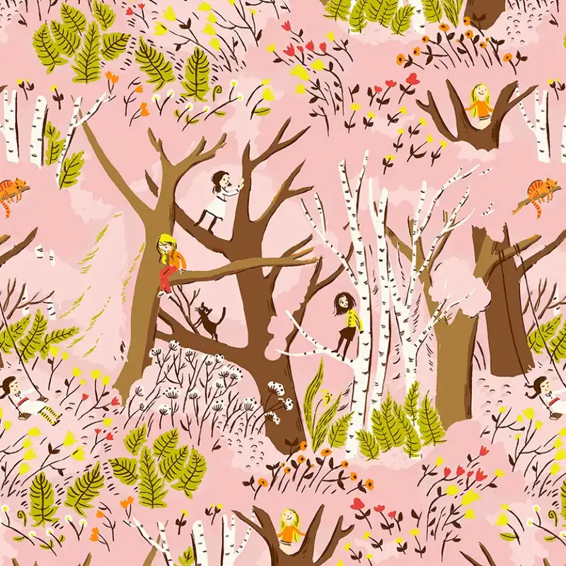 Geprüft Heather Ross Studio Edit Girls in Trees Pink