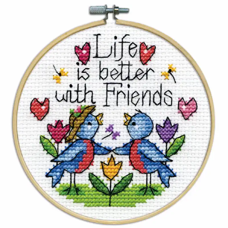 Neue Kollektion Design Works Kreuzstich Stickpackung mit Stickrahmen „Freunde“, Zählmuster, Diam. 10cm