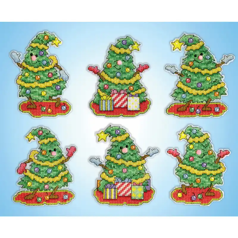 Garantierte Lieferung Design Works Kreuzstich Stickpackung „Weihnachtsbaum Dekoration Tanzende Bäume 6er Set“, Zählmuster, 9x10cm