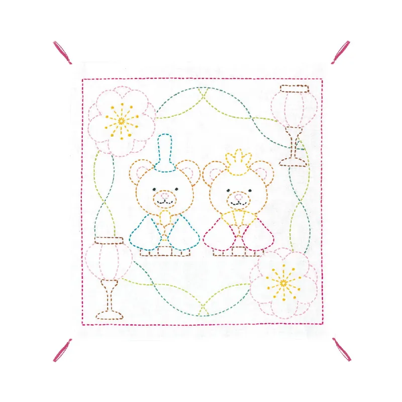 Online Kaufen Olympus Sashiko Stickpackung „Hana Fukin Bears Hinamatsuri“, Stoff bedruckt, 34x34cm, Original aus Japan