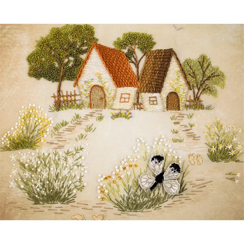 Panna Plattstich Set „Häuser“, Stickbild vorgezeichnet, 27x27cm Geld-Zurück-Garantie