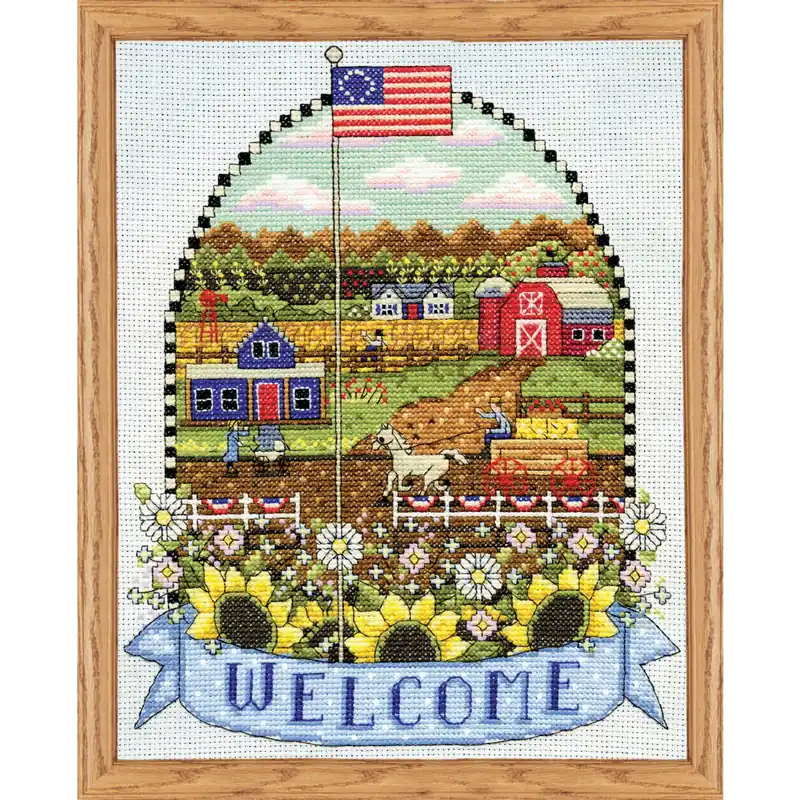 Preisknaller Design Works Kreuzstich Stickpackung „Willkommen auf dem Bauernhof“, Zählmuster, 20x25cm
