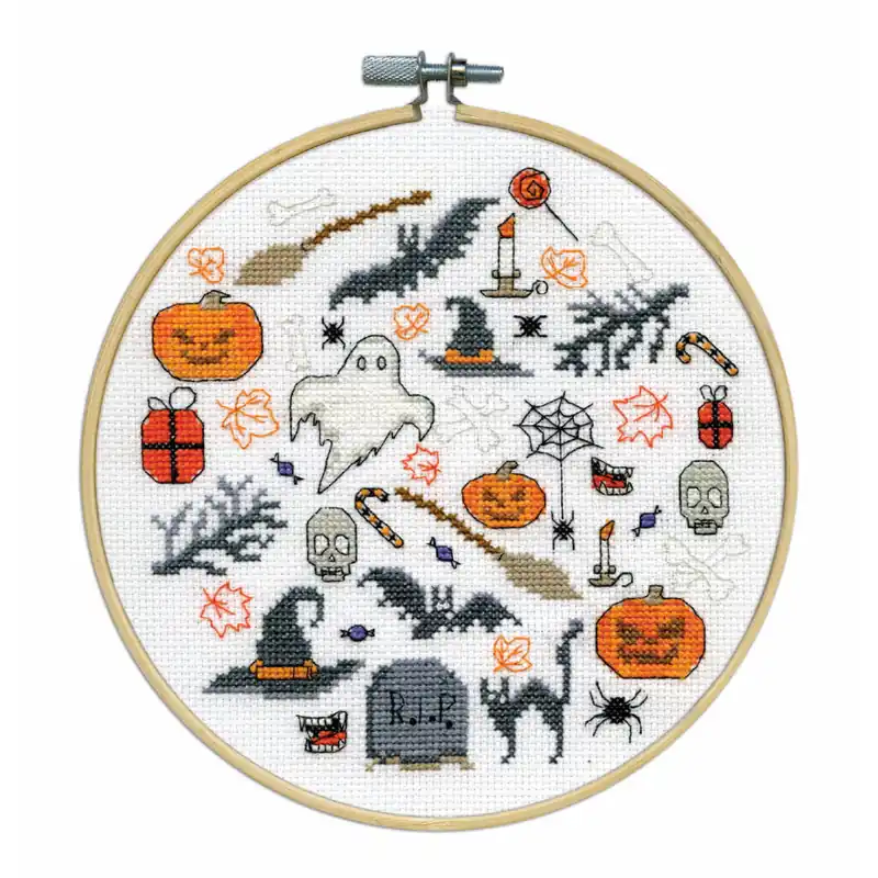 Design Works Kreuzstich Stickpackung mit Stickrahmen „Boo-Zeichen“, Zählmuster, Diam. 20cm Neue Ware