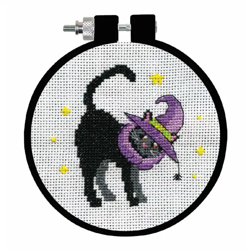 Preiswert Design Works Kreuzstich Stickpackung mit Stickrahmen „Schwarze Katze“, Zählmuster, Diam. 9cm