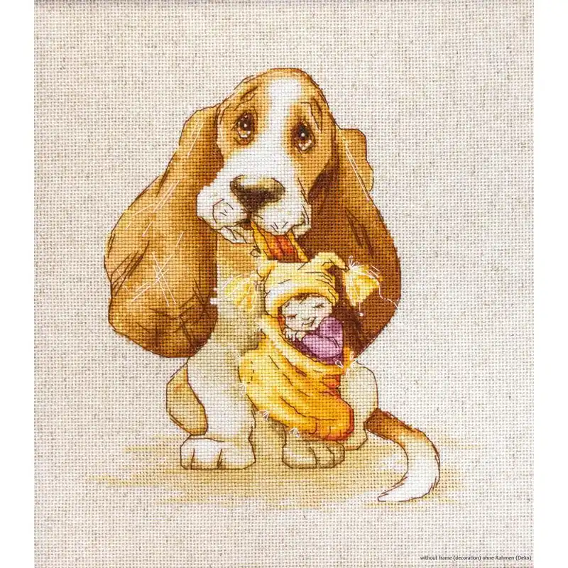 Auslaufmodell Luca-S Kreuzstich Set „Basset mit Speilzeug“, Zählmuster, 16,5×18,5cm Kostenloser Rückversand