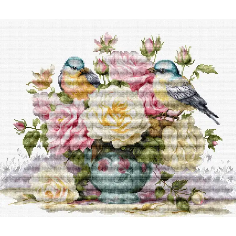 Luca-S Kreuzstich Stickpackung „Vase mit Rosen und Vögel“, Zählmuster, 34x27cm Angebot