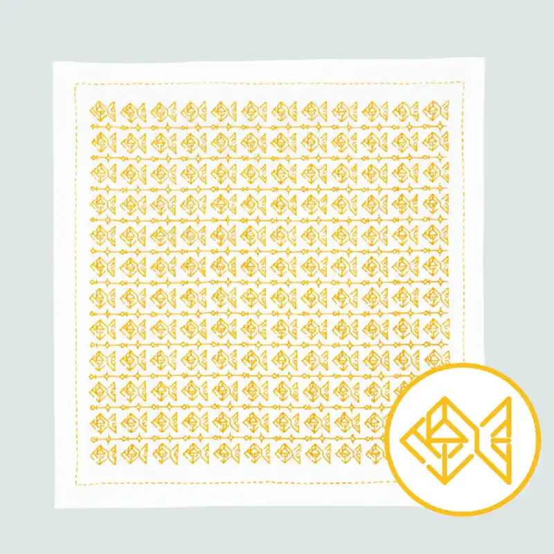 Exklusiv Olympus Hitomezashi Sashiko Stickpackung „Hana Fukin Golden Fish“, Stoff bedruckt, 34x34cm, Original aus Japan