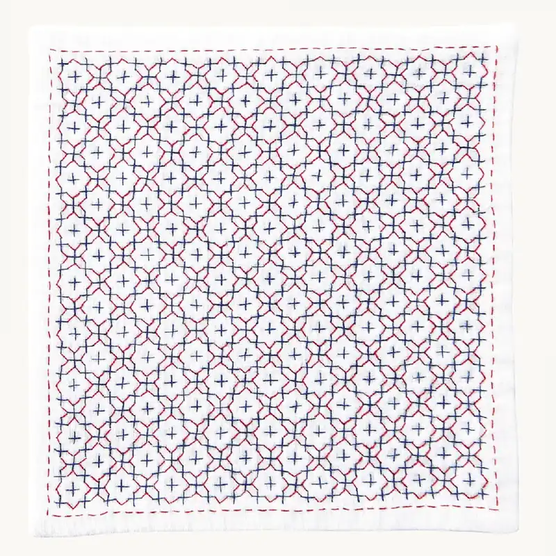 Olympus Hitomezashi Sashiko Stickpackung „Taschentuch iine Jyuji-hanazashi“, Stoff bedruckt, 20x20cm, Original aus Japan Ab Werk