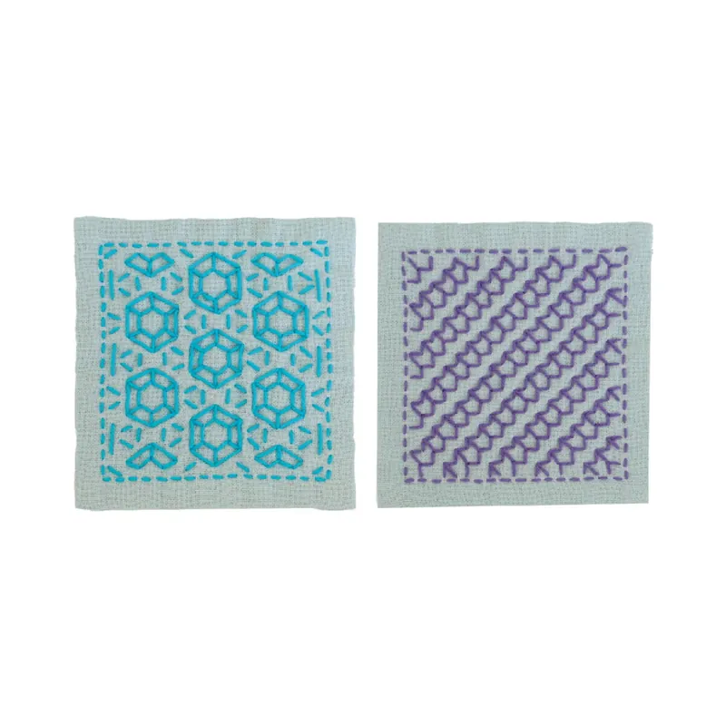Echt Olympus Hitomezashi Sashiko Stickpackung „Untersetzer hell blau 5Stk“, Stoff bedruckt, 10x10cm, Original aus Japan