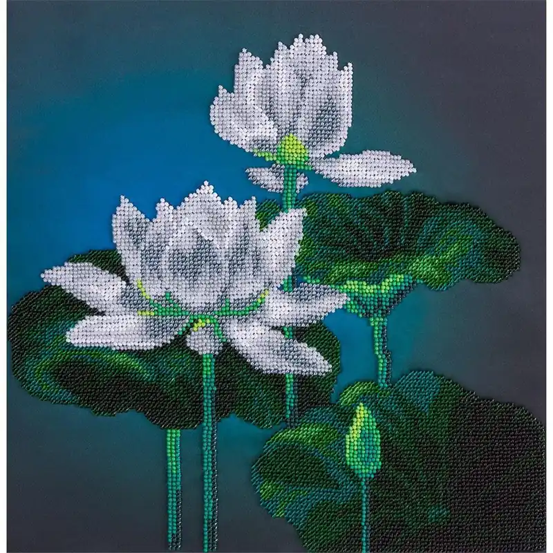 Schnäppchen Panna Stickpackung Perlenstickerei „Weißer Lotus“ 27x27cm, Stickbild vorgezeichnet