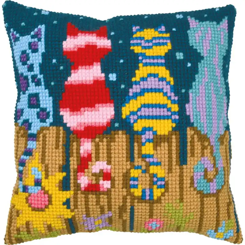 Versand Am Gleichen Tag Vervaco Kreuzstichkissen „Katzen auf dem Zaun“, Stickbild vorgezeichnet, 40x40cm