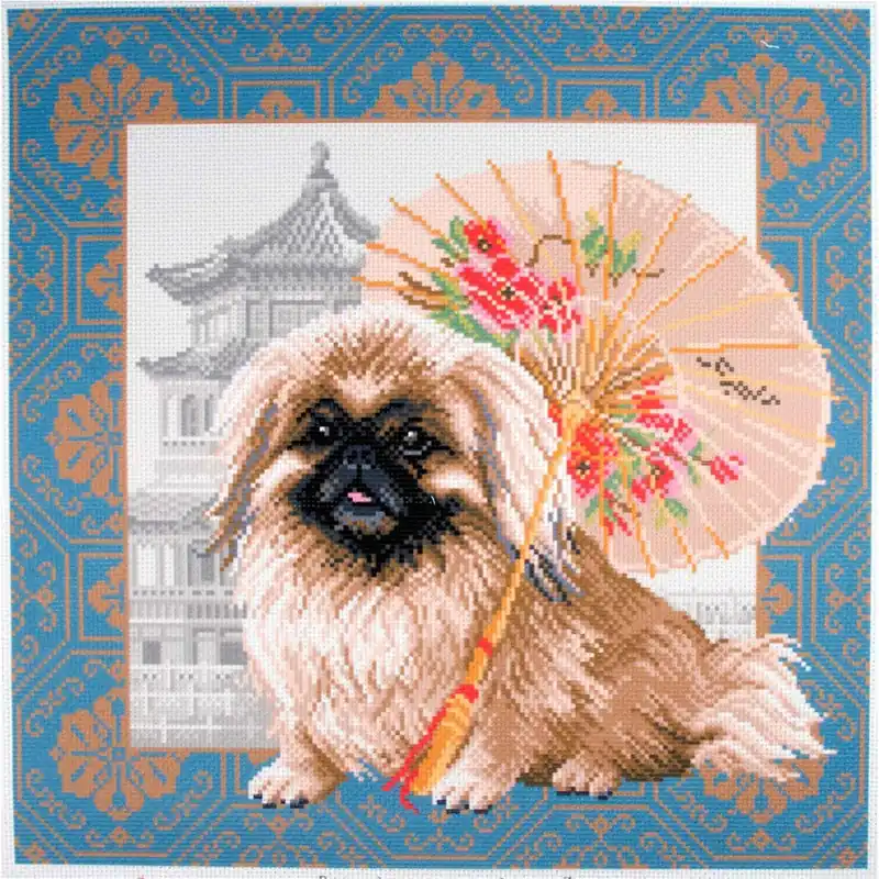 CdA Bedrucktes Aida für Kreuzstickerei „Pekingese in Peking“ PA1694, 34 x 34cm Preis Gesenkt