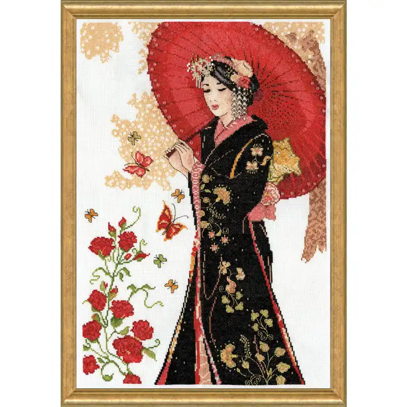 Abverkauf Design Works Kreuzstich Stickpackung „Roter Sonnenschirm“, Zählmuster, 36x51cm