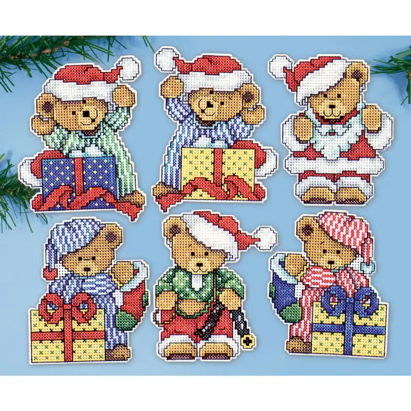 Billig Design Works Kreuzstich Stickpackung „Weihnachtsbaum Dekoration Kleine Bären 6er Set“, Zählmuster, 8x10cm