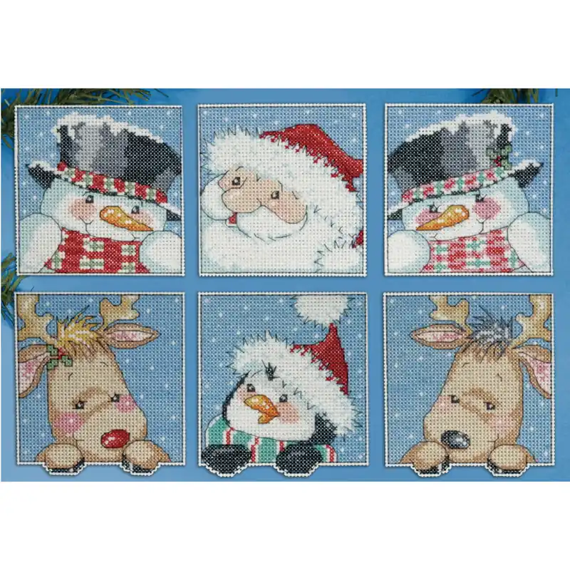 Schnäppchen Design Works Kreuzstich Stickpackung „Weihnachtsbaum Dekoration Lustige Freunde 6er Set“, Zählmuster, 9x9cm