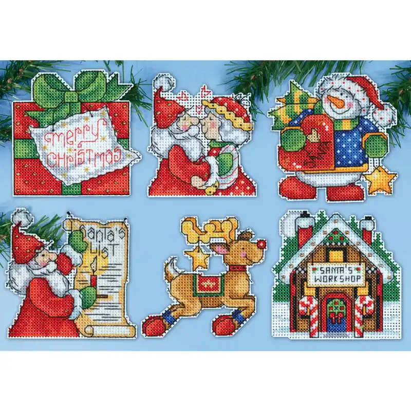 Kostenloser Rückversand Design Works Kreuzstich Stickpackung „Weihnachtsbaum Dekoration Santas Werkstatt 6er Set“, Zählmuster, 8x10cm